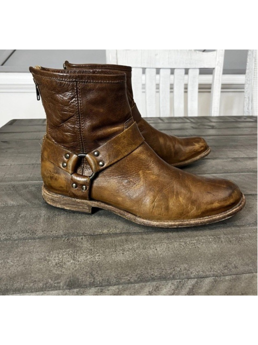 FRYE Phillip Harness Moto Biker Boots Leather Cognac Sz 12 D